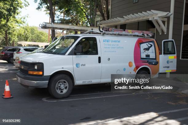 Cable installation truck parked in a suburban parking lot in Dublin, California for the Uverse service from AT&T, May 7, 2018.