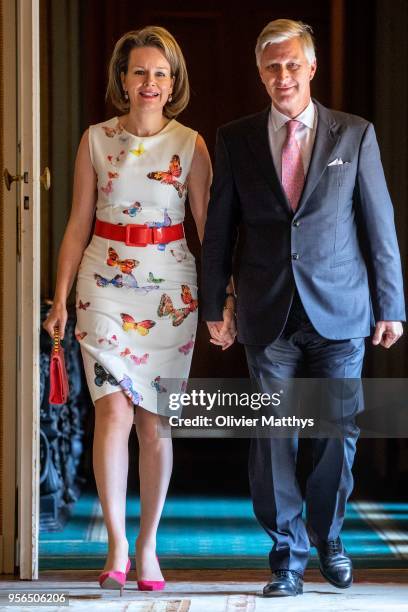 King Philippe of Belgium and Queen Mathilde arrive prior to offer a lunch to the Queen Elisabeth Contest members of the jury in the Royal palace on...