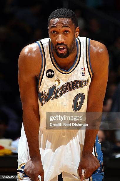 Gilbert Arenas of the Washington Wizards catches his breath during the game against the Oklahoma City Thunder at the Verizon Center on December 29,...