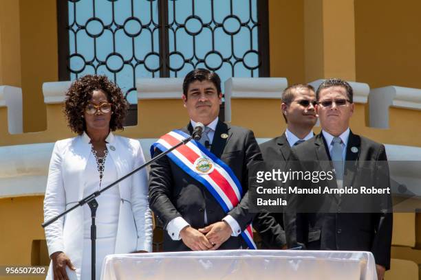 Epsy Campbell Vice President of Costa Rica elected President Carlos Alvarado and Marvin Rodriguez pose during Inauguration Day of Costa Rica elected...