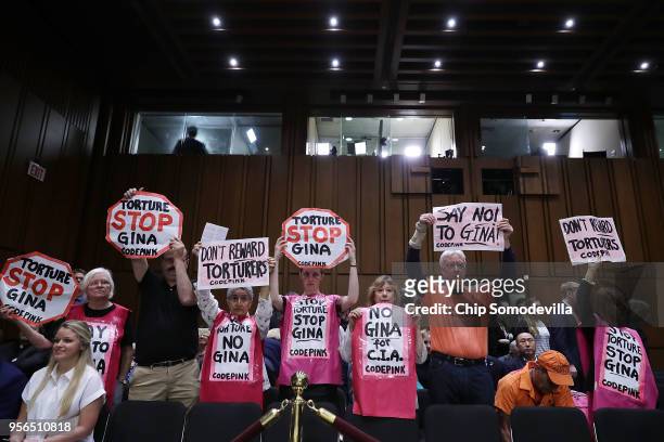 Members of Code Pink for Peace protest before Central Intelligence Agency acting Director Gina Haspel's confirmation hearing to become the next CIA...