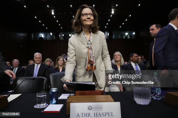 Central Intelligence Agency acting Director Gina Haspel prepares to testify before the Senate Intelligence Committee during her confirmation hearing...