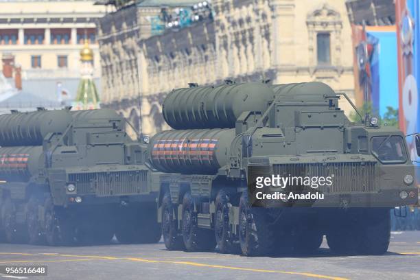 Triumf surface-to-air missile launchers are seen during the Victory Day military parade marking the 73rd anniversary of the victory over Nazi Germany...