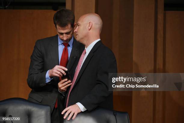 Senate Intelligence Committee member Sen. Tom Cotton talks with White House Director of Legislative Affairs Marc Short before Central Intelligence...