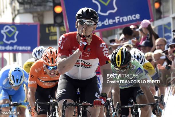 German cyclist Andre Greipel of Lotto Soudal team, crosses the finish line to win the second stage of the 64th edition of the Four Days of Dunkirk ,...