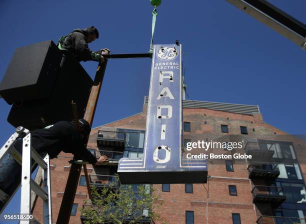 Neon sign is installed on May 8, 2018 as part of a public art installation on the Rose Kennedy Greenway in Boston that will feature eight historic...