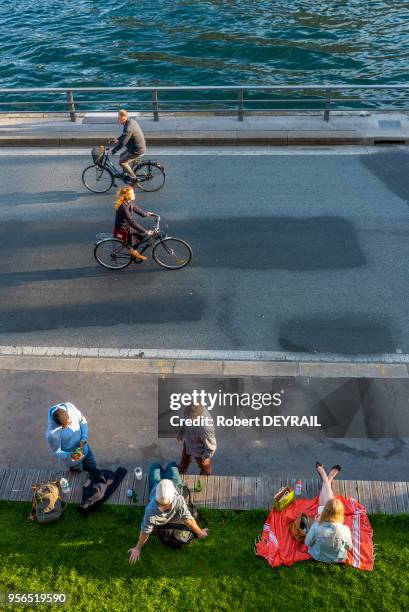 Pique-nique et détente le long des quais sur les "Rives de Seine" le 10 Mai 2017, Paris, France.