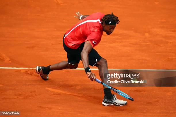 Gael Monfils of France in action during his second round match against Rafael Nadal of Spain on day five of the Mutua Madrid Open at La Caja Magica...