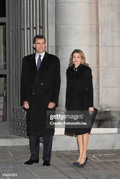 Prince Felipe of Spain and Princess Letizia of Spain arrive to the Inaugural Gala of the Spanish Presidency of the European Union, held at the Royal...