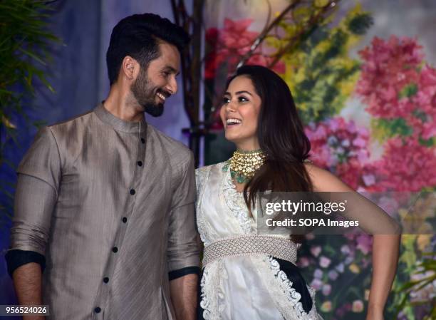 Bollywood actor Shahid Kapoor with wife Mira Rajput attend the wedding reception of actress Sonam Kapoor and Anand Ahuja at hotel Leela in Mumbai.