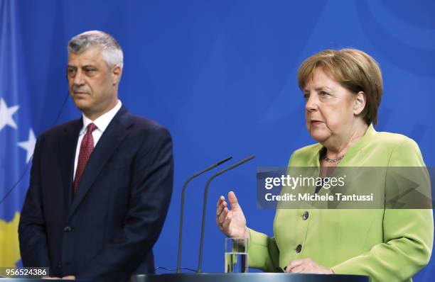 German Chancellor Angela Merkel and Kosovo President Hashim Thaci give statements to the media prior to talks at the Chancellery on May 9, 2018 in...