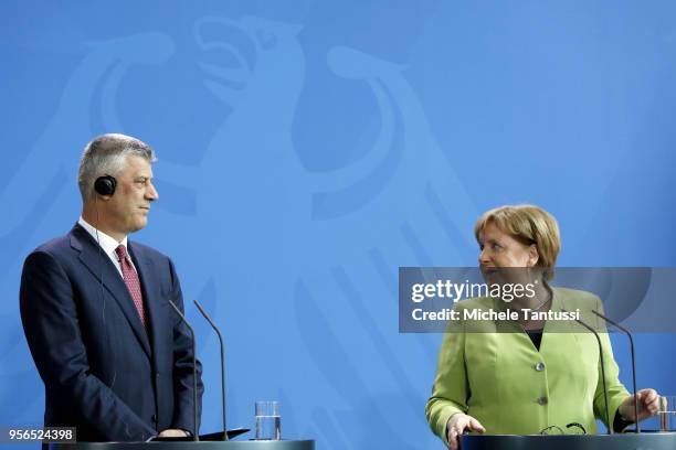 German Chancellor Angela Merkel and Kosovo President Hashim Thaci give statements to the media prior to talks at the Chancellery on May 9, 2018 in...