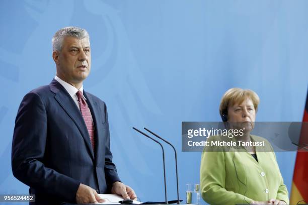 German Chancellor Angela Merkel and Kosovo President Hashim Thaci give statements to the media prior to talks at the Chancellery on May 9, 2018 in...