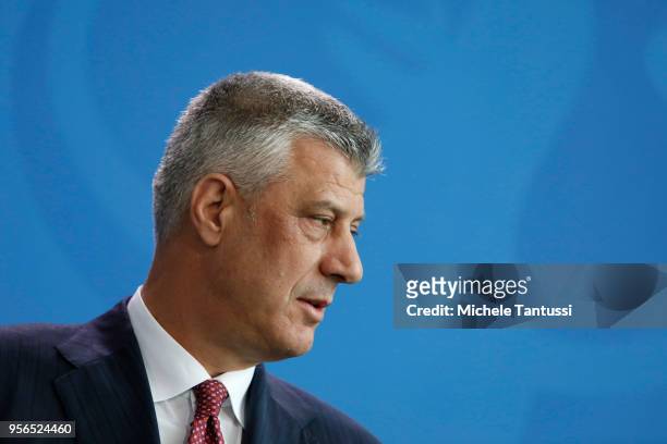 Kosovo President Hashim Thaci gives a statement to the media prior to talks with German Chancellor at the Chancellery on May 9, 2018 in Berlin,...