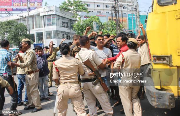 An eviction drive being carried out on footpath vendors by Guwahati Municipal Corporation in G.S Road, Guwahati.