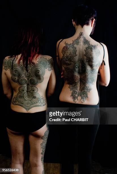 Corps tatoué au Mondial du Tatouage dans la Grande Halle de la Villete le 8 mars 2015., Paris, France.