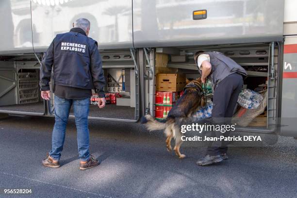 Fouille à la recherche d'explosif par un chien policier et son maitre de la Brigade Canine, février 2017, Promenade des anglais, Nice, France.
