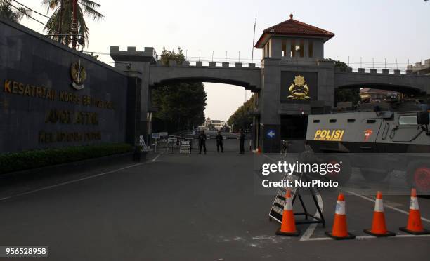 Police from the Mobile Brigade Corps were on guard in front of the Mobile Brigade Corps Command Headquarters in Depok, West Java, on Thursday, May 9...