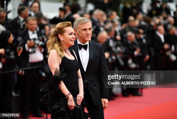 Austrian-German actor Christoph Waltz and co-President of Chopard, Caroline Scheufele pose as they arrives on May 9, 2018 for the screening of the...