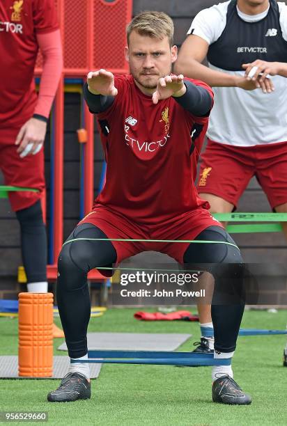 Simon Mignolet of Liverpool during a training session at Melwood on May 9, 2018 in Liverpool, England.