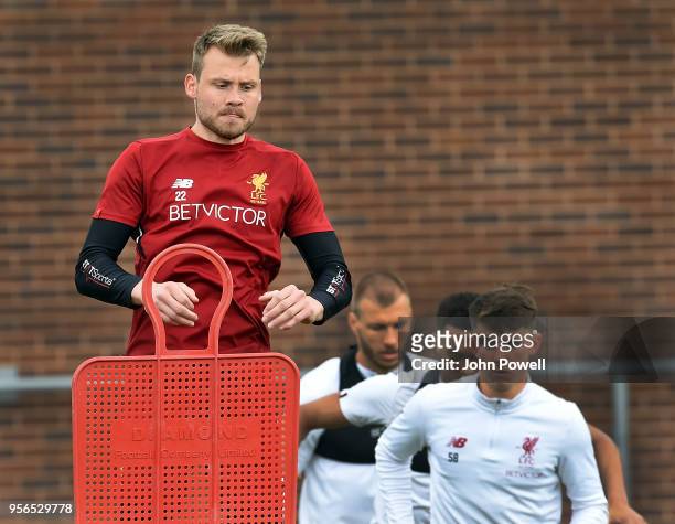 Simon Mignolet of Liverpool during a training session at Melwood on May 9, 2018 in Liverpool, England.
