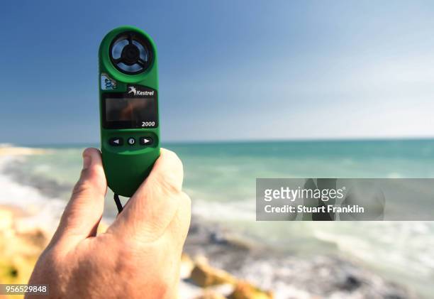 Wind meter tests the wind prior to the start of The Rocco Forte Open at the Verdura golf resort on May 9, 2018 in Sciacca, Italy.