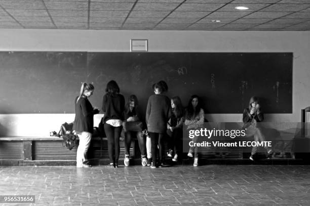 Groupe de lycéennes de 15-17 ans durant une récréation dans un lycée public en Picaride dans le nord de la France, le 5 mai 2014.