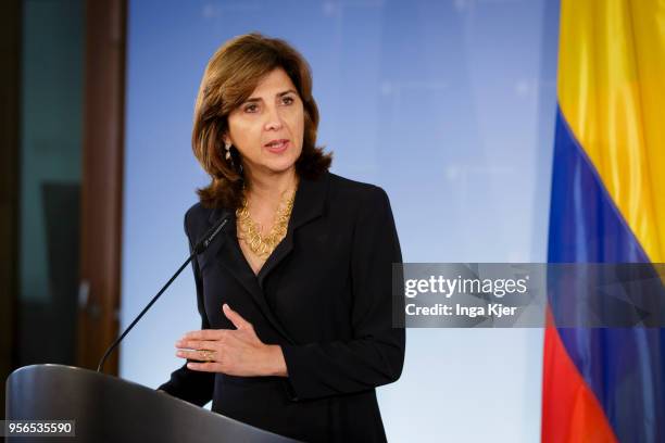 Berlin, Germany Maria Angela Holguin, Foreign Minister of Columbia, speaks to the press, on May 09, 2018 in Berlin, Germany.