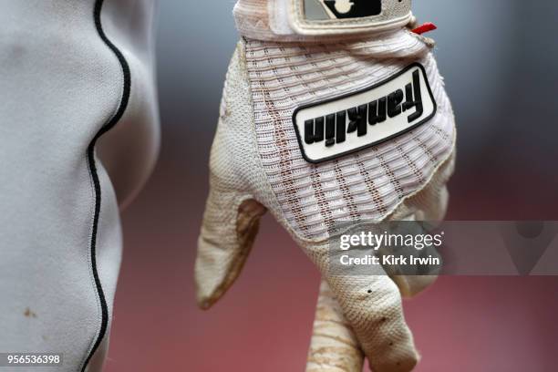 Detail of a Franklin batting glove worn by Martin Prado of the Miami Marlins during the game against the Cincinnati Reds at Great American Ball Park...
