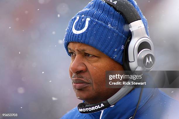 Head Coach Jim Caldwell of the Indianapolis Colts looks on from the side line during their NFL game against the Buffalo Bills at Ralph Wilson Stadium...