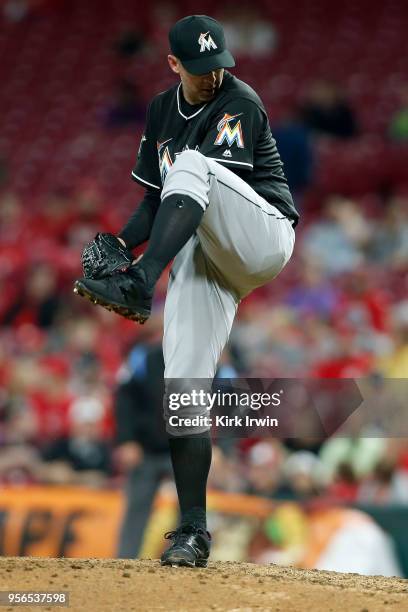 Brad Ziegler of the Miami Marlins throws a pitch during the game against the Cincinnati Reds at Great American Ball Park on May 5, 2018 in...