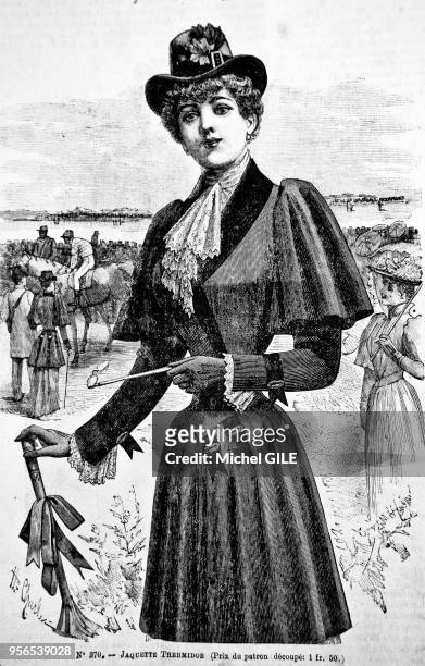 La mode en 1890, femme en jaquette thermidoe à une course hippique, France.