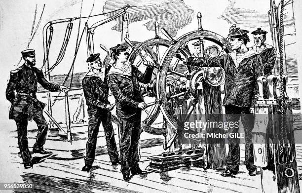 La mode en 1890, marine francaise, gravure representant une manoeuvre du gouvernail sur un navire a voile, France.