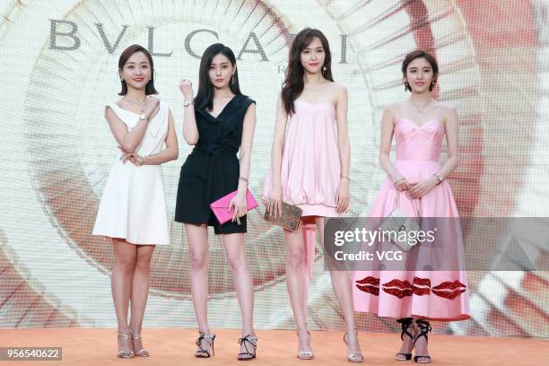 Actresses Yang Rong, Zhang Tianan, Tang Yan and Tang Yixin attend Bvlgari's Lvcea Tubogas watch event at Bvlgari Hotel on May 9, 2018 in Beijing,...