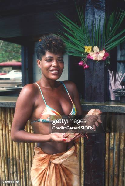 Brésil, état Rio de Janeiro, station balnéaire de Buzios, femme tenant une cigale de mer//Brazil, state Rio de Janeiro, seaside resort of Buzios,...