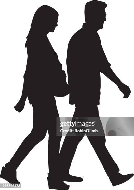 middle aged couple walking silhouette - woman walking side view stock illustrations