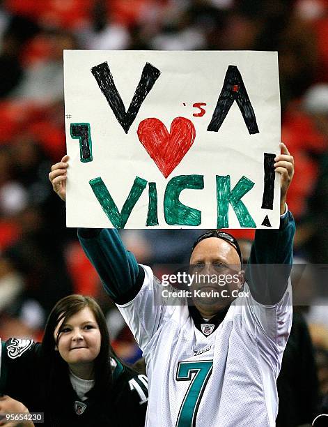 Fan of Michael Vick of the Philadelphia Eagles holds up a sign during the game against the Atlanta Falcons at Georgia Dome on December 6, 2009 in...