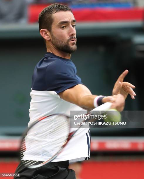 Le joueur de tennis croate Marin Cilic lors de sa défaite dans la demi finale du tournoi Rakuten Japan Open tennis championships à Tokyo le 7 octobre...