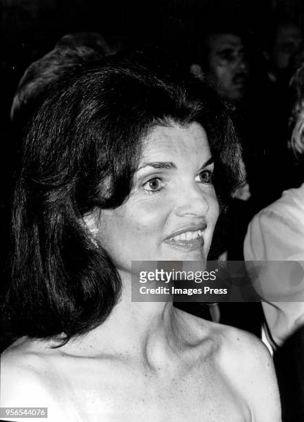 Jacqueline Kennedy Onassis attends the Valentino Fashion Show Benefit for the Special Olympics at the Pierre Hotel on June 7, 1976 in New York City.
