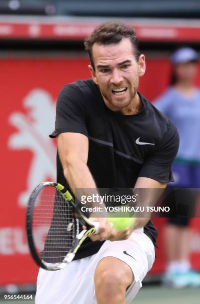 Le joueur de tennis français Adrian Mannarino lors de sa victoire dans la demi finale du tournoi Rakuten Japan Open tennis championships à Tokyo le 7...