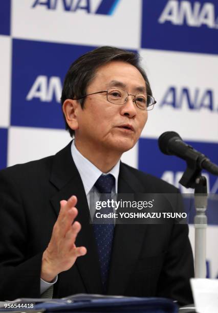 Japan's largest air carrier All Nippon Airways president Osamu Shinobe speakes as ANA chief financial officer Yuji Hirako is appointed to the new...