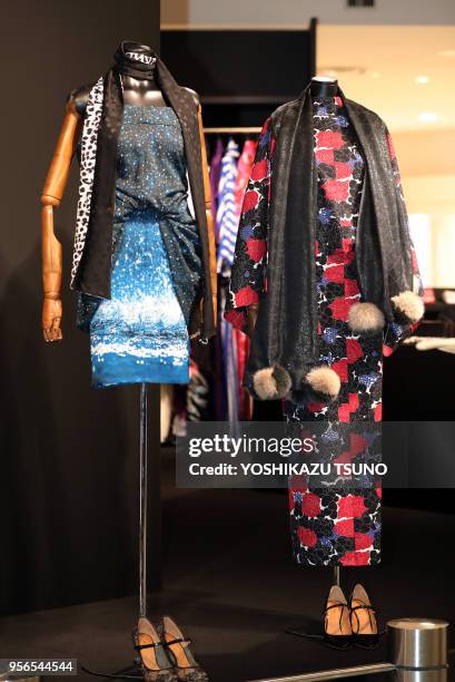 Kimono dresses designed by Yoshiki, a member of Japanese rock group "X Japan" are displayed at an opening event to promote "Yoshikimono" at the...