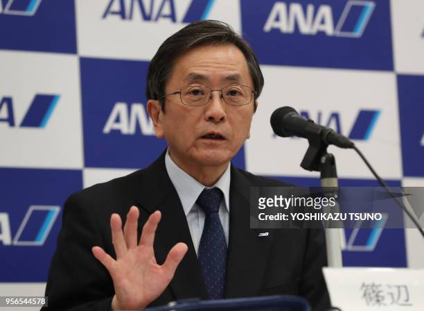 Japan's largest air carrier All Nippon Airways president Osamu Shinobe speakes as ANA chief financial officer Yuji Hirako is appointed to the new...