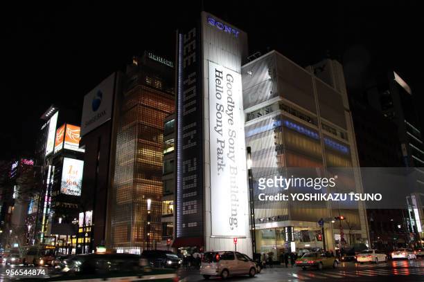 Large banner of farewell messages is displayed on the Sony building at Tokyo's Ginza district on March 31 Japan. Sony Building celebrated the 50 th...