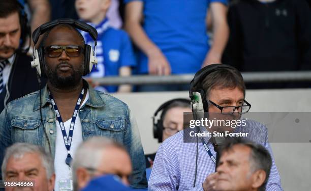 Radio Wales legend Rob Phillips with co commentator Nathan Blake during the Sky Bet Championship match between Cardiff City and Reading at Cardiff...