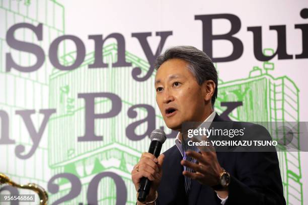 Japan's electronics giant Sony president Kazuo Hirai delivers a speech at the closing ceremony for the Sony building at Tokyo's Ginza district on...