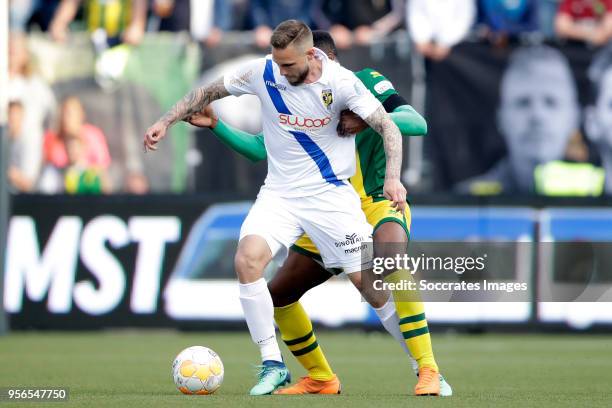 Tim Matavz of Vitesse, Wilfried Kanon of ADO Den Haag during the Dutch Eredivisie match between Vitesse v ADO Den Haag at the GelreDome on May 12,...