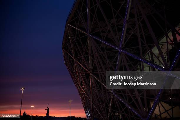 Mamayev Kurgan monument is seen during Russian Cup Final match between FC Tosno and Fc Avangard at Volgograd Arena on May 9, 2018 in Volgograd,...