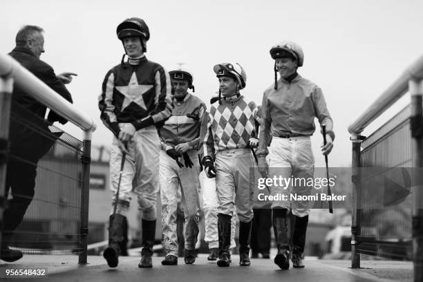 Jockeys walk out ahead of the Eigth race during the Spring Afternoon Flat Racing at Doncaster Racecourse on April 27, 2018 in Doncaster, England.