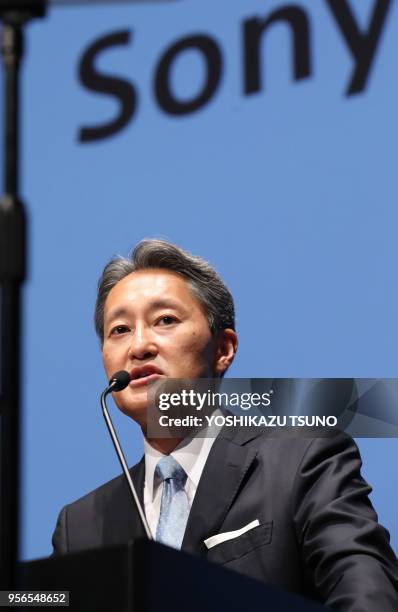 Conférence de presse de Kazuo Hirai président du géant japonais Sony annonçant la stratégie commerciale de l'entreprise au siège de Sony à Tokyo le...